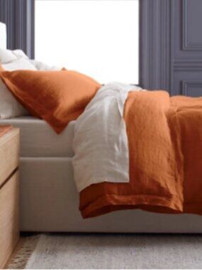Quince Euro Linen Flange Duvet Cover, 2 Pillow Shams, Full/Queen, Terracotta